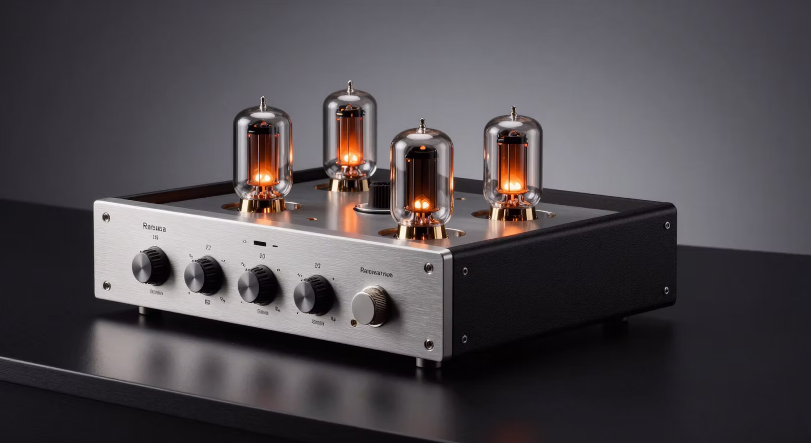 Vacuum-tube amplifier with glowing tubes on a dark surface